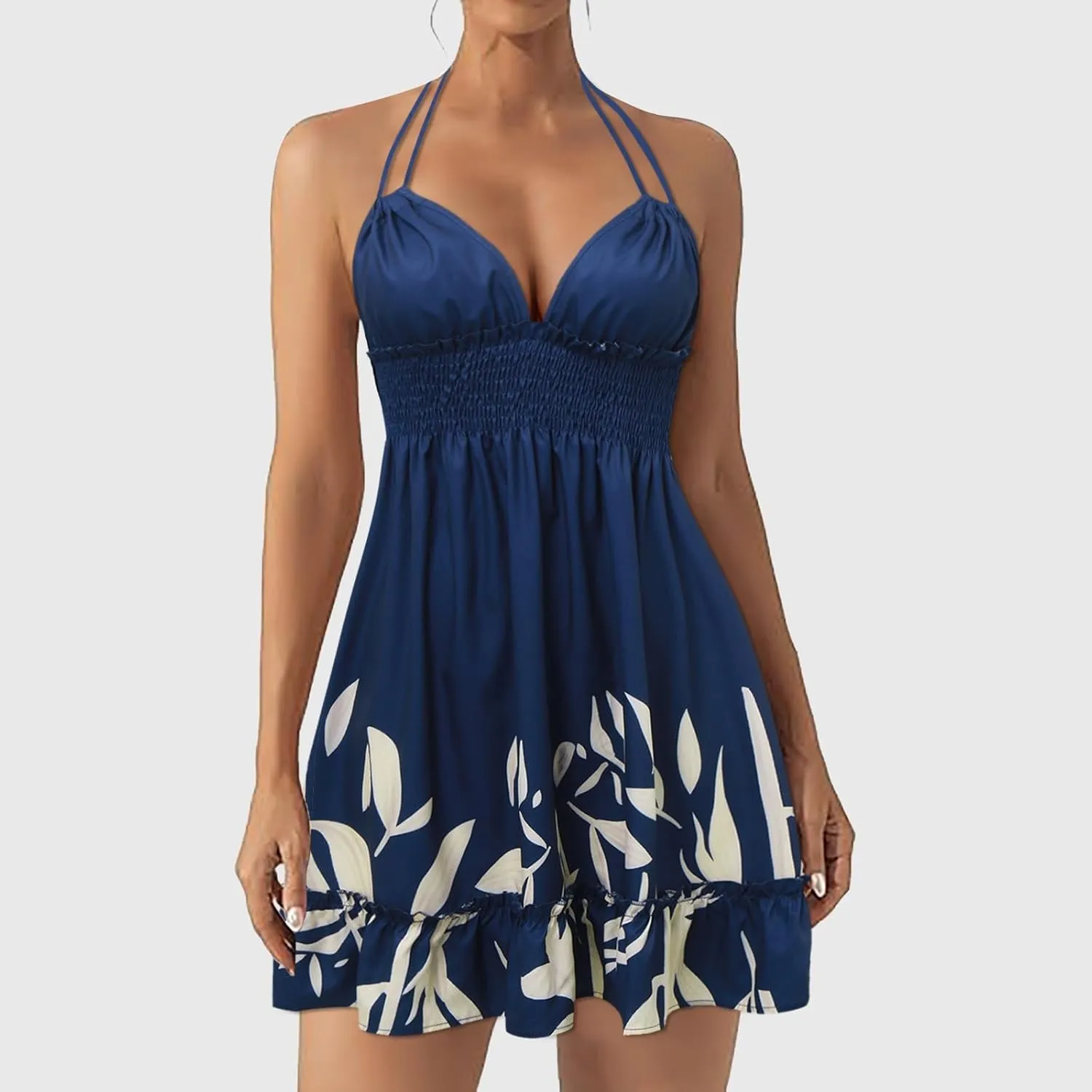 Summer Dresses for Women Sexy Halter Deep V Neck Backless Mini Dresses Ruffle Beach Sundress Club Date Night Dress