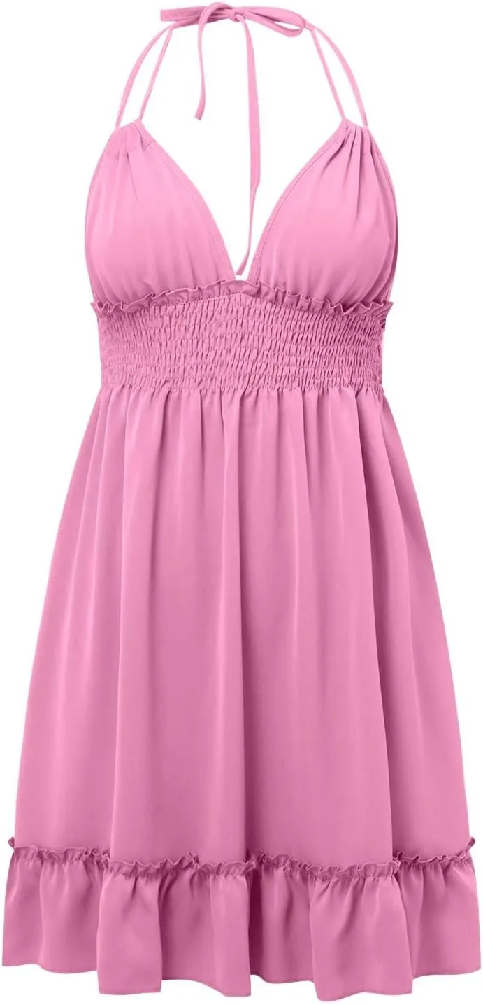 Summer Dresses for Women Sexy Halter Deep V Neck Backless Mini Dresses Ruffle Beach Sundress Club Date Night Dress