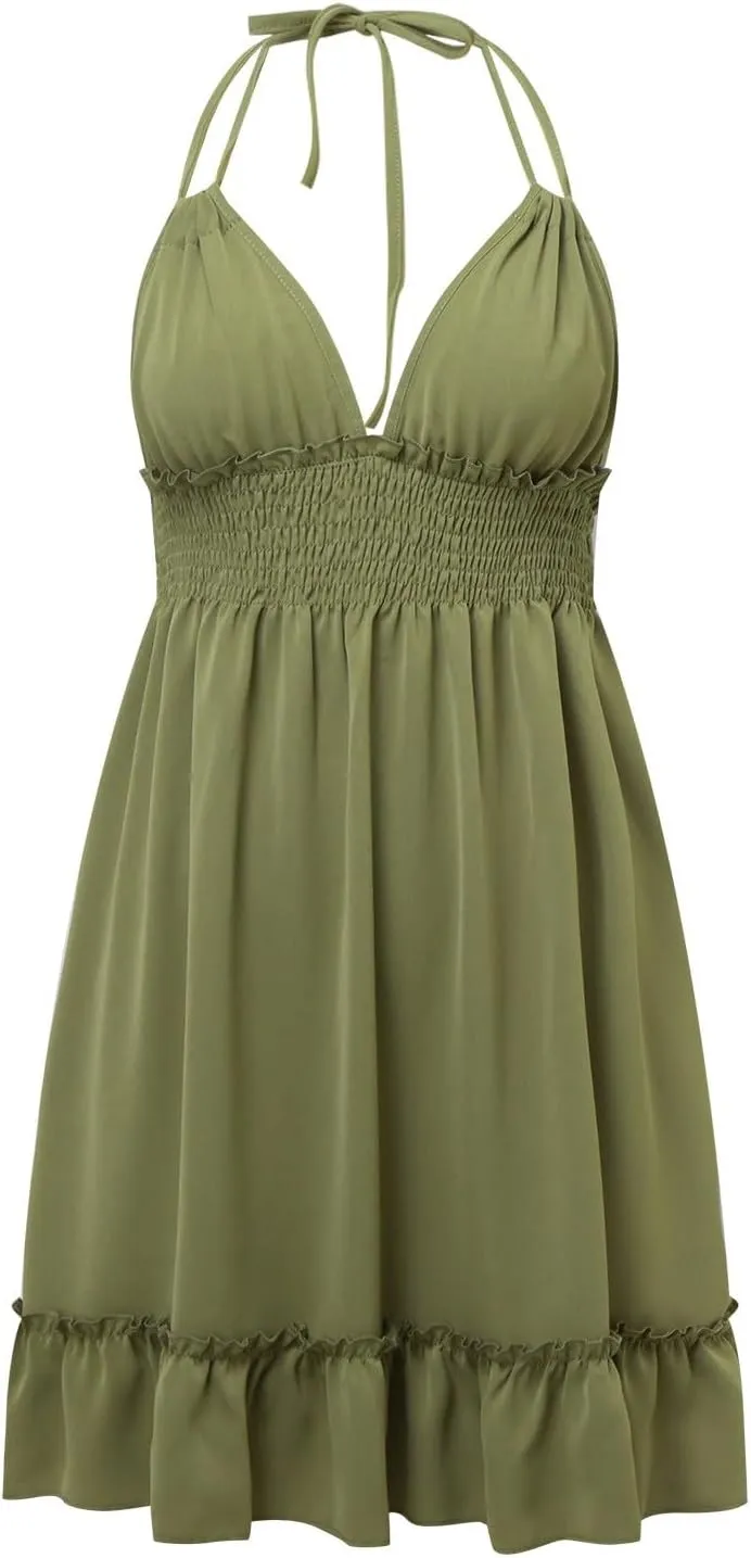 Summer Dresses for Women Sexy Halter Deep V Neck Backless Mini Dresses Ruffle Beach Sundress Club Date Night Dress