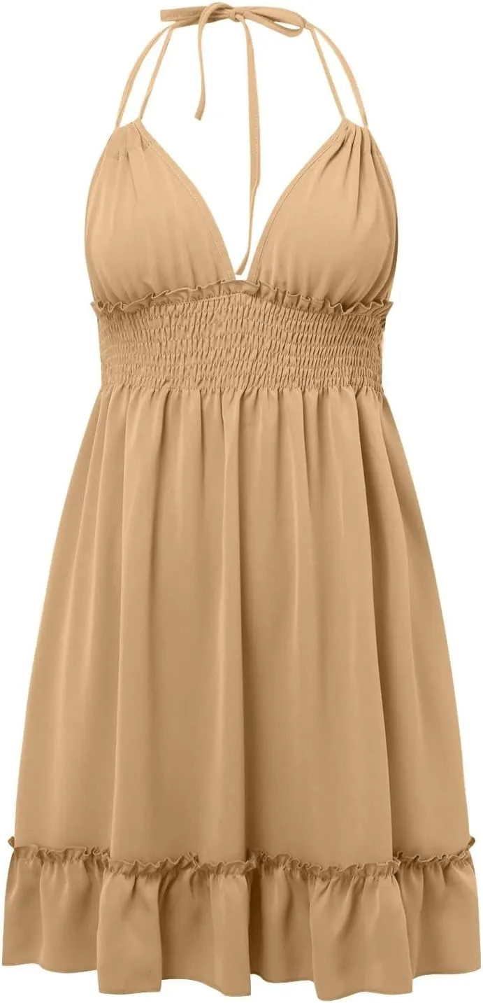 Summer Dresses for Women Sexy Halter Deep V Neck Backless Mini Dresses Ruffle Beach Sundress Club Date Night Dress
