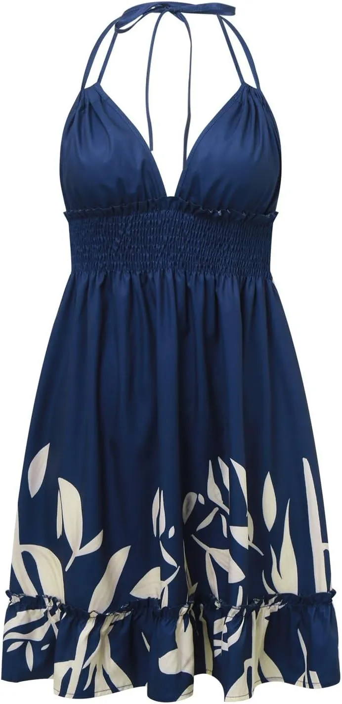 Summer Dresses for Women Sexy Halter Deep V Neck Backless Mini Dresses Ruffle Beach Sundress Club Date Night Dress