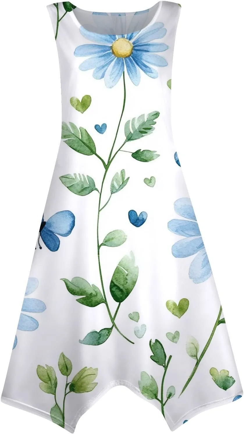Summer Dresses for Women Summer Floral Flowy Sundresses Casual Beach Midi Tank Dresses Hankerchief Hem Sleeveless Dress