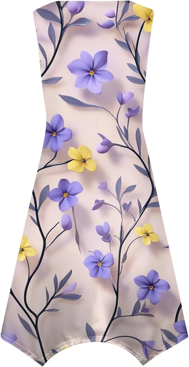 Summer Dresses for Women Summer Floral Flowy Sundresses Casual Beach Midi Tank Dresses Hankerchief Hem Sleeveless Dress