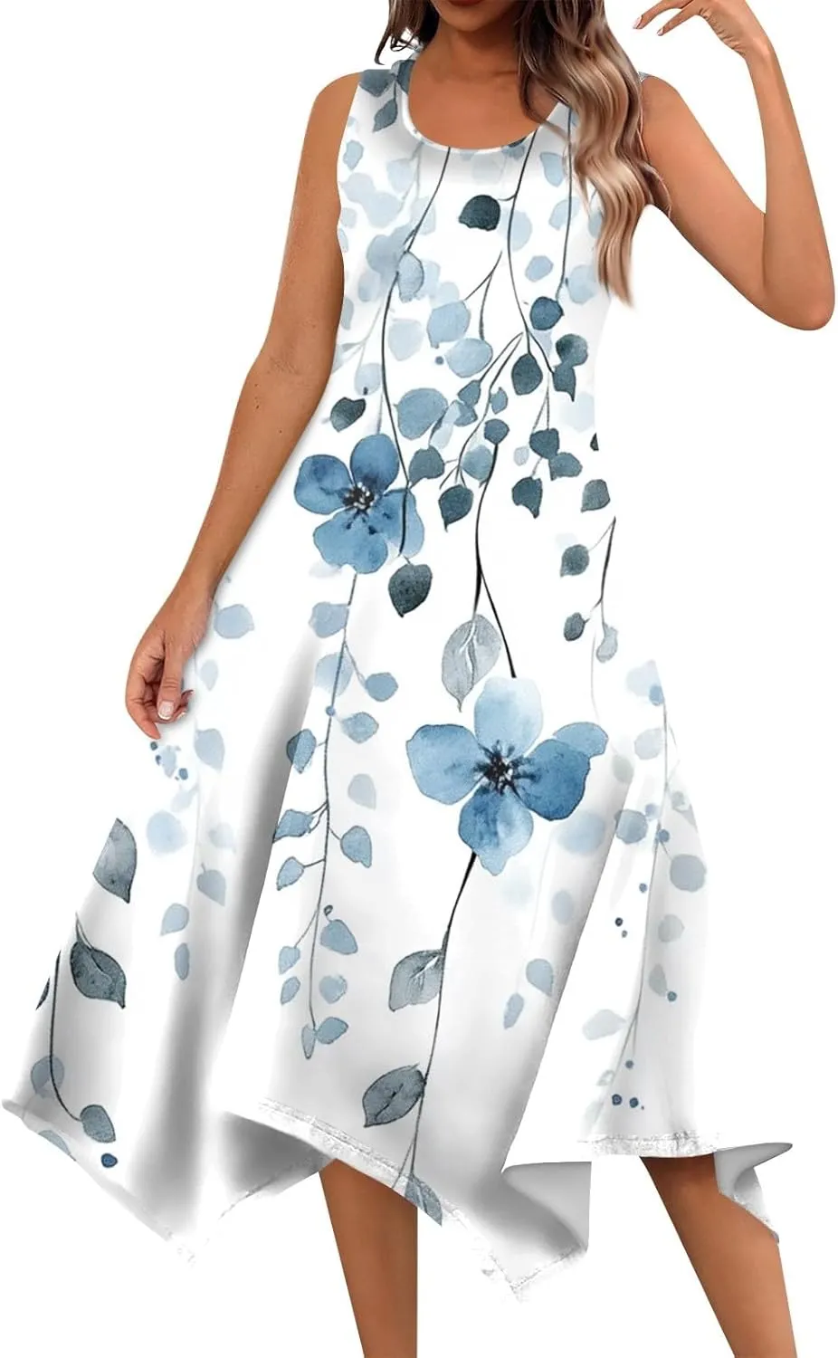 Summer Dresses for Women Summer Floral Flowy Sundresses Casual Beach Midi Tank Dresses Hankerchief Hem Sleeveless Dress