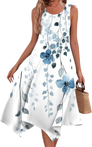 Summer Dresses for Women Summer Floral Flowy Sundresses Casual Beach Midi Tank Dresses Hankerchief Hem Sleeveless Dress