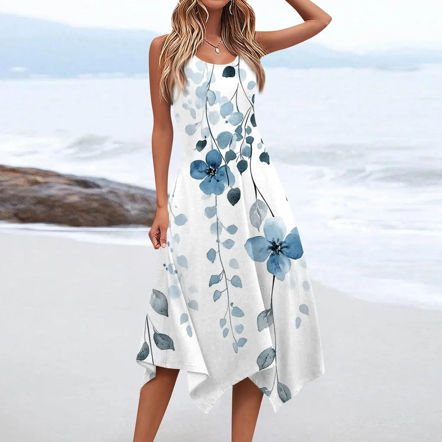 Summer Dresses for Women Summer Floral Flowy Sundresses Casual Beach Midi Tank Dresses Hankerchief Hem Sleeveless Dress