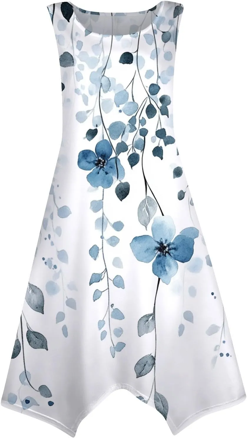 Summer Dresses for Women Summer Floral Flowy Sundresses Casual Beach Midi Tank Dresses Hankerchief Hem Sleeveless Dress