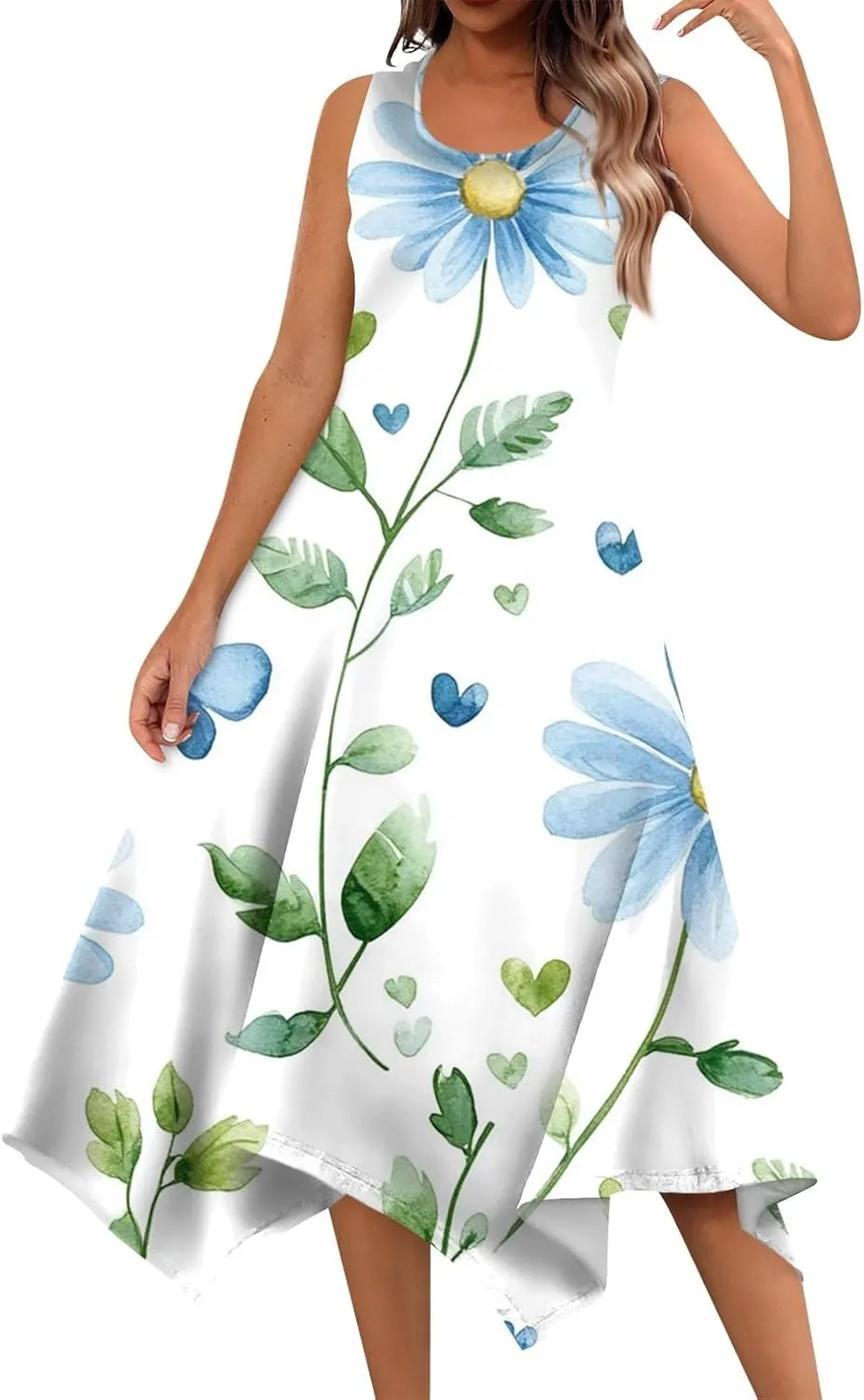 Summer Dresses for Women Summer Floral Flowy Sundresses Casual Beach Midi Tank Dresses Hankerchief Hem Sleeveless Dress