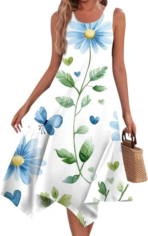 Summer Dresses for Women Summer Floral Flowy Sundresses Casual Beach Midi Tank Dresses Hankerchief Hem Sleeveless Dress