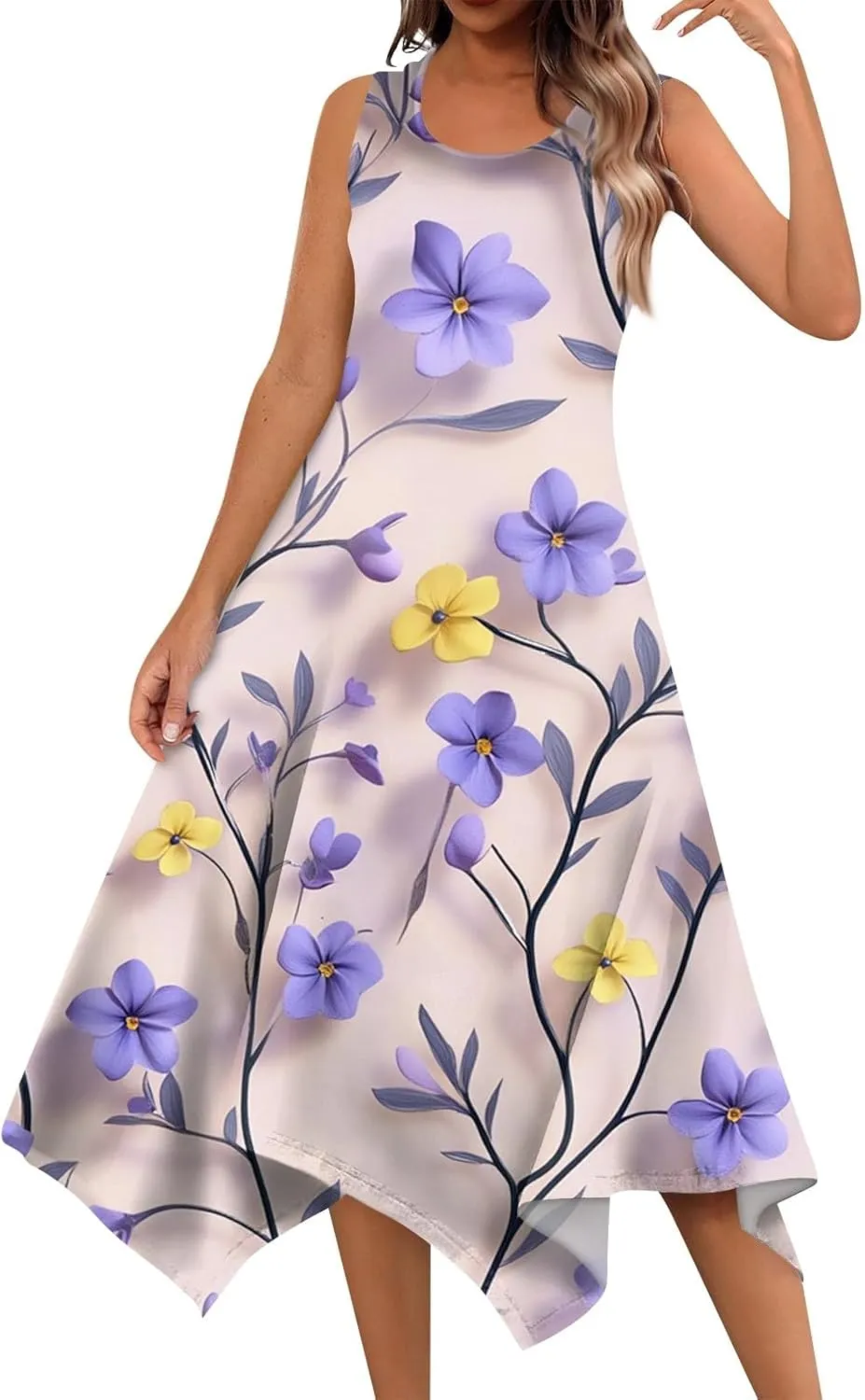 Summer Dresses for Women Summer Floral Flowy Sundresses Casual Beach Midi Tank Dresses Hankerchief Hem Sleeveless Dress