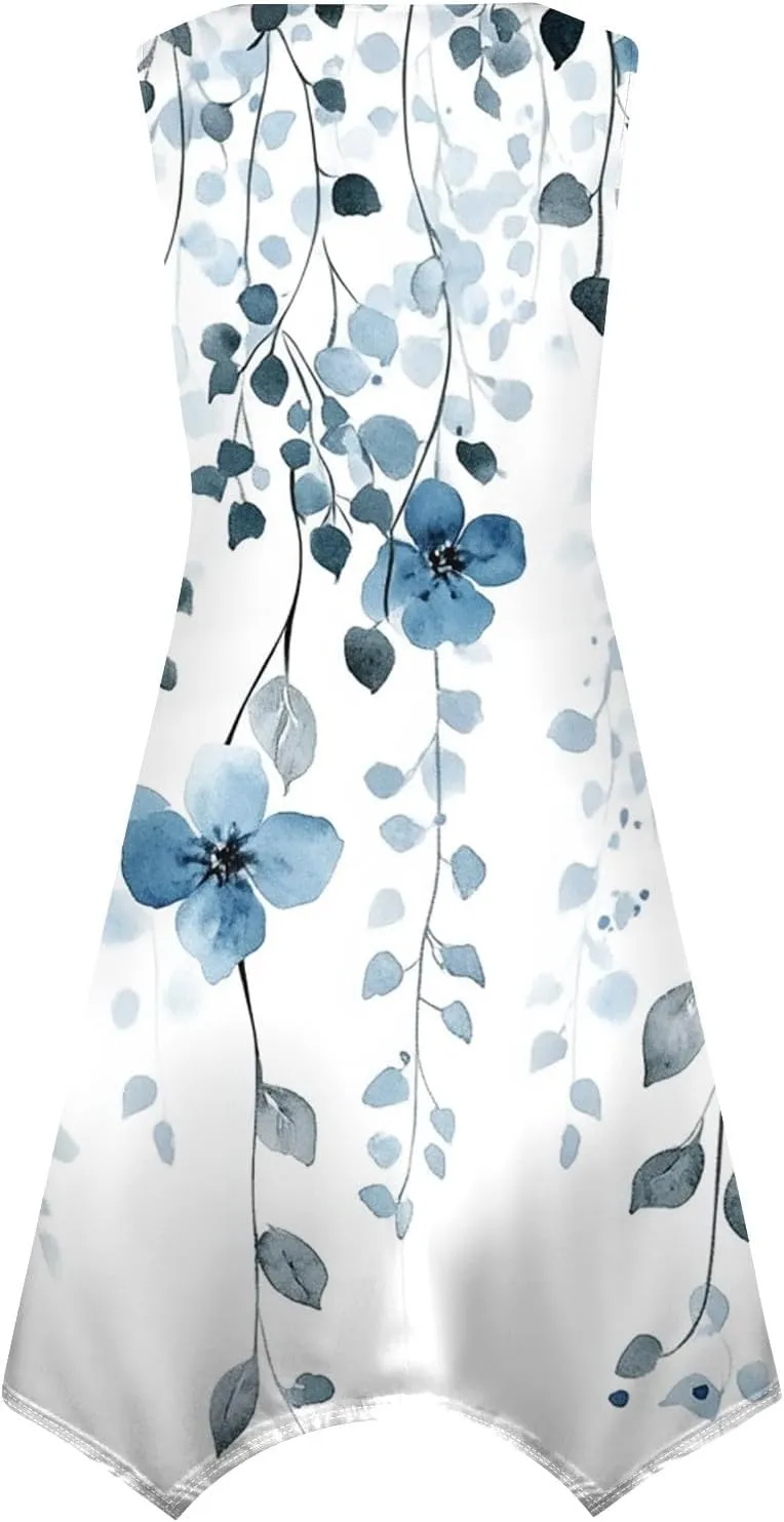 Summer Dresses for Women Summer Floral Flowy Sundresses Casual Beach Midi Tank Dresses Hankerchief Hem Sleeveless Dress