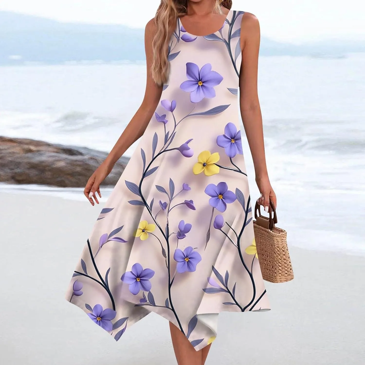 Summer Dresses for Women Summer Floral Flowy Sundresses Casual Beach Midi Tank Dresses Hankerchief Hem Sleeveless Dress