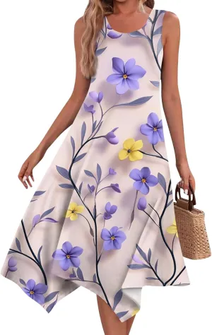 Summer Dresses for Women Summer Floral Flowy Sundresses Casual Beach Midi Tank Dresses Hankerchief Hem Sleeveless Dress
