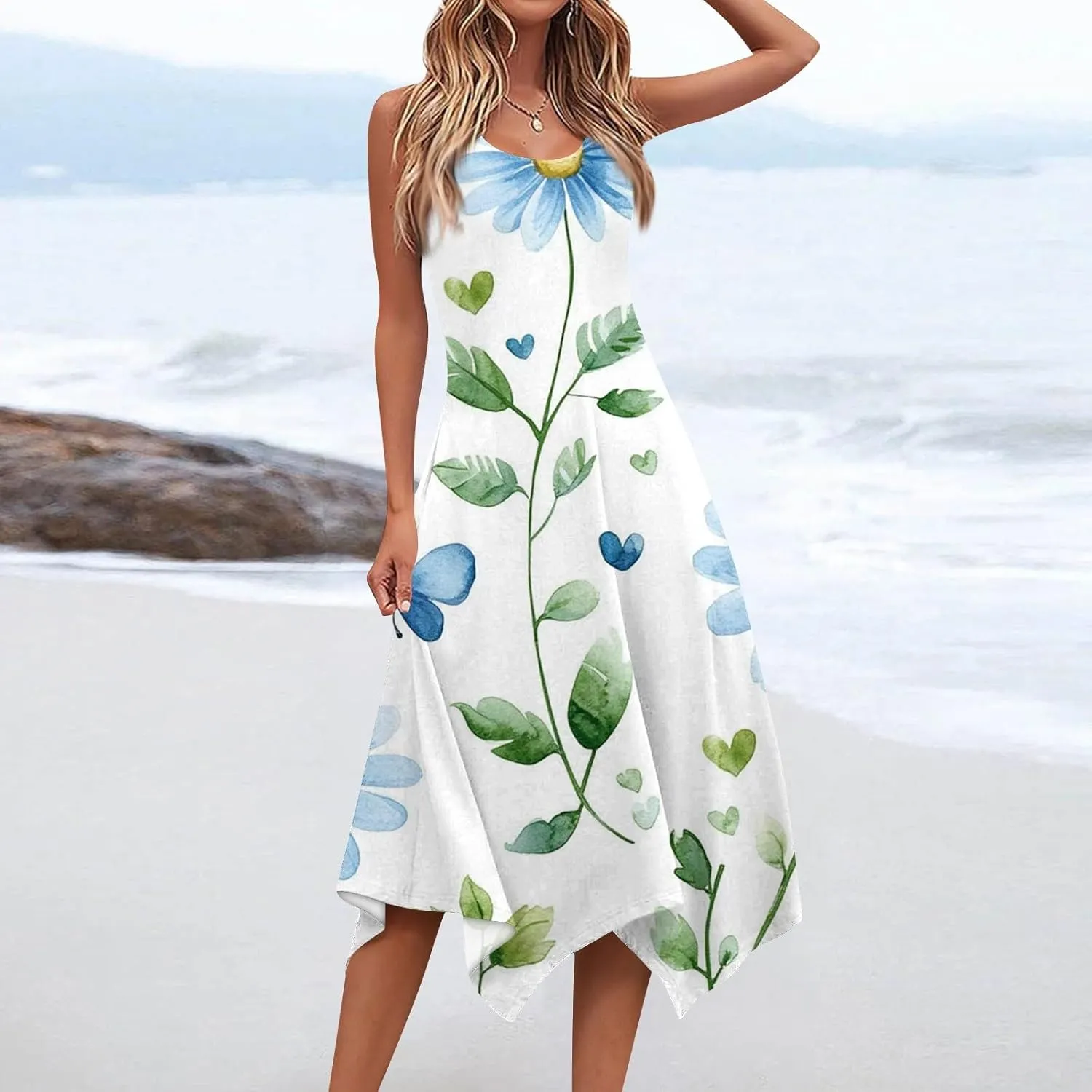 Summer Dresses for Women Summer Floral Flowy Sundresses Casual Beach Midi Tank Dresses Hankerchief Hem Sleeveless Dress