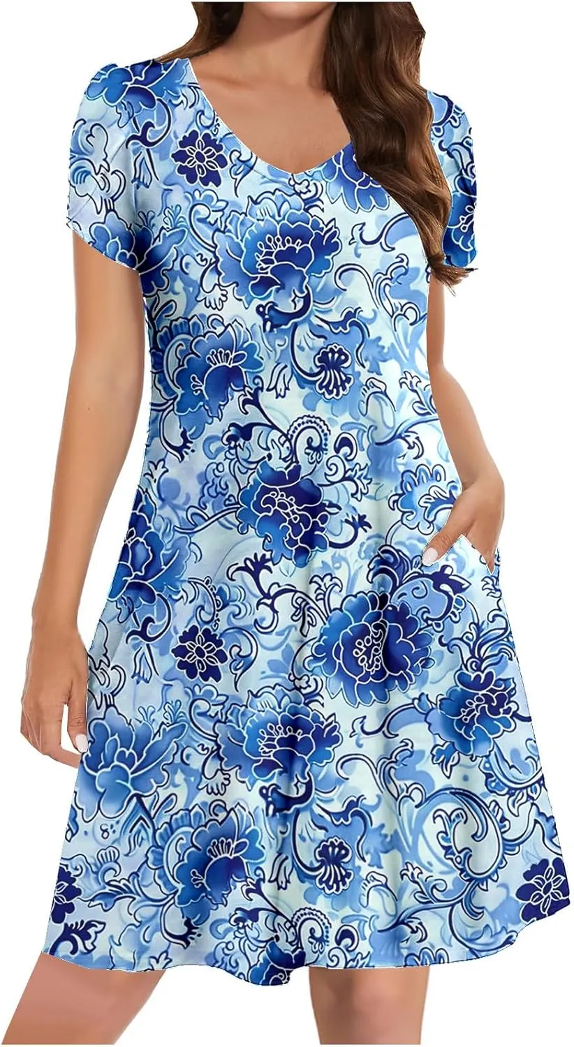 Summer Dresses for Women Vintage Floral Print V Neck Dress Boho Beach Sundress Loose Casual Midi Dress