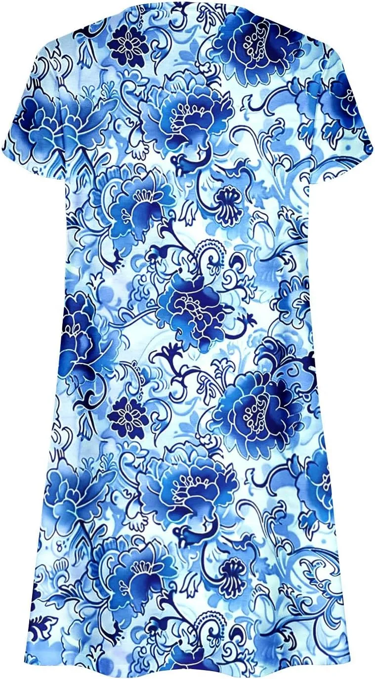 Summer Dresses for Women Vintage Floral Print V Neck Dress Boho Beach Sundress Loose Casual Midi Dress