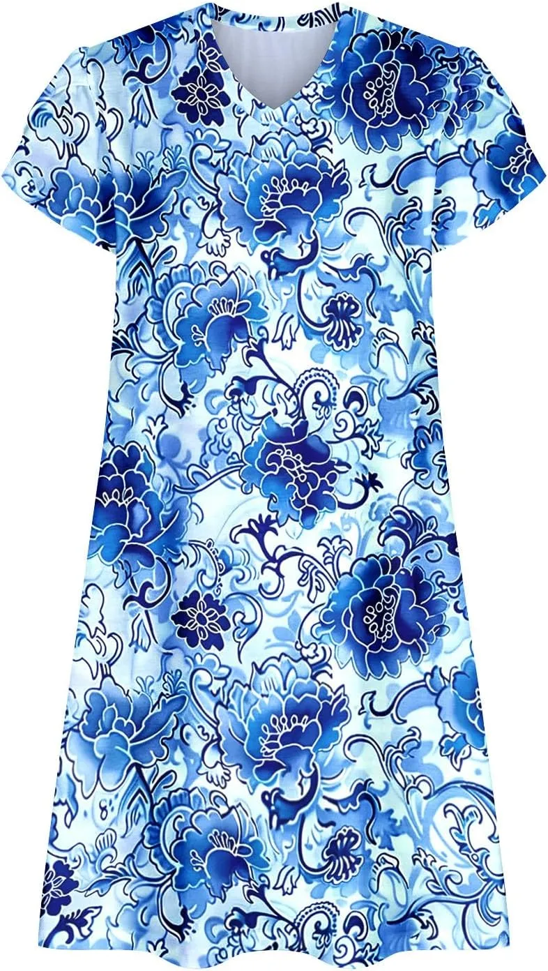 Summer Dresses for Women Vintage Floral Print V Neck Dress Boho Beach Sundress Loose Casual Midi Dress