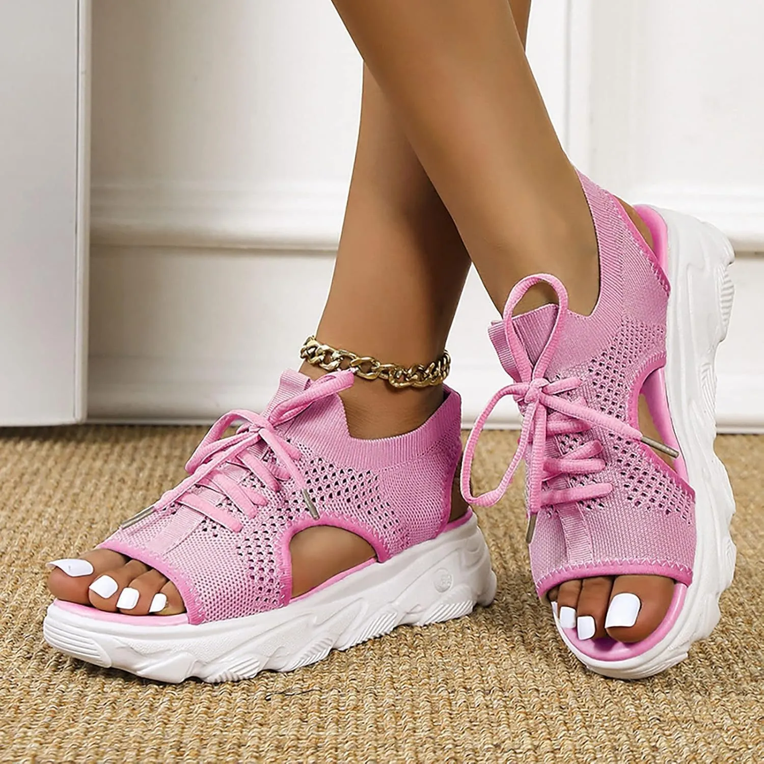 Summer New Thick Sole Mesh Sandals Fashion Casual Women Shoes Flat Bottom Hollow Out High Heeled Sandals