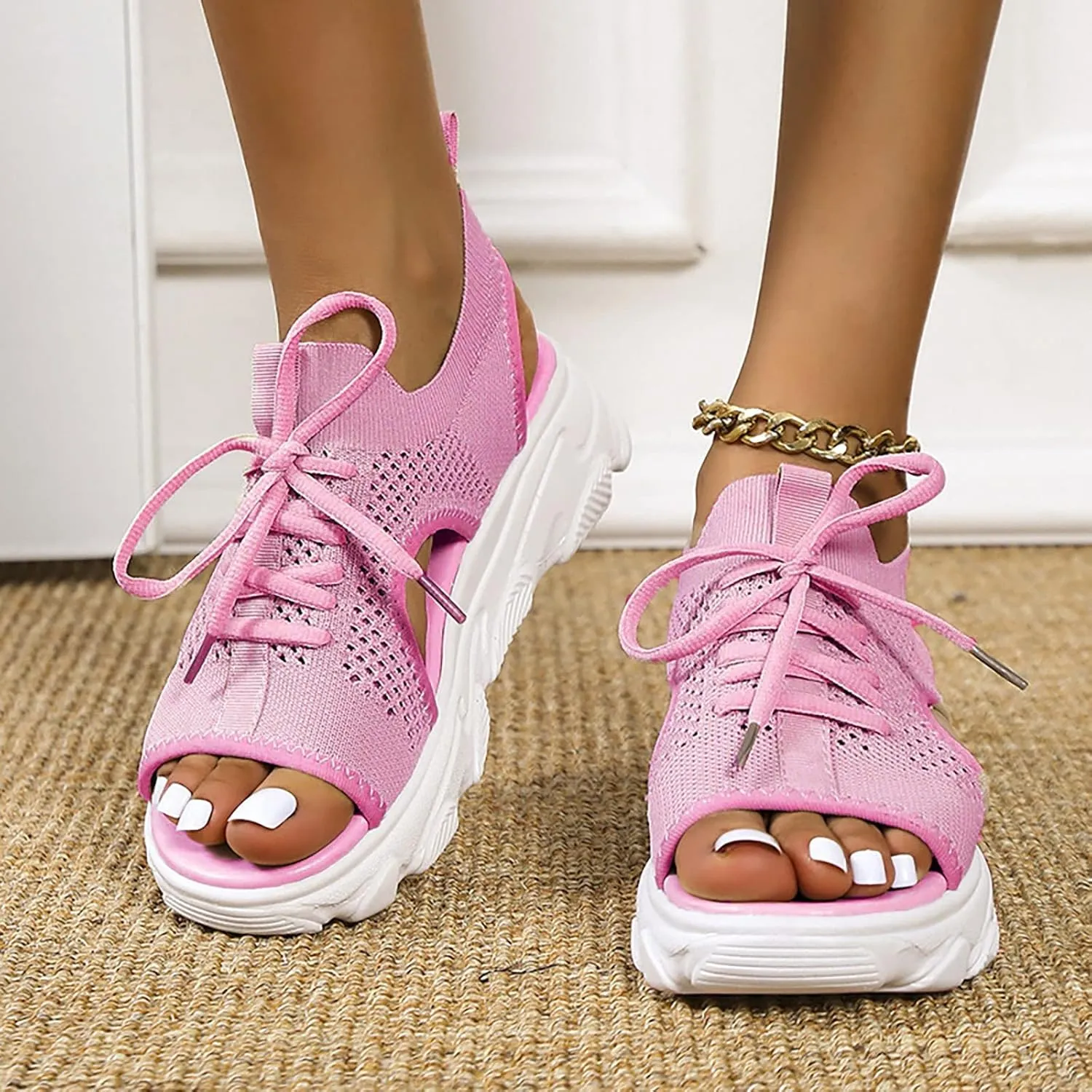Summer New Thick Sole Mesh Sandals Fashion Casual Women Shoes Flat Bottom Hollow Out High Heeled Sandals
