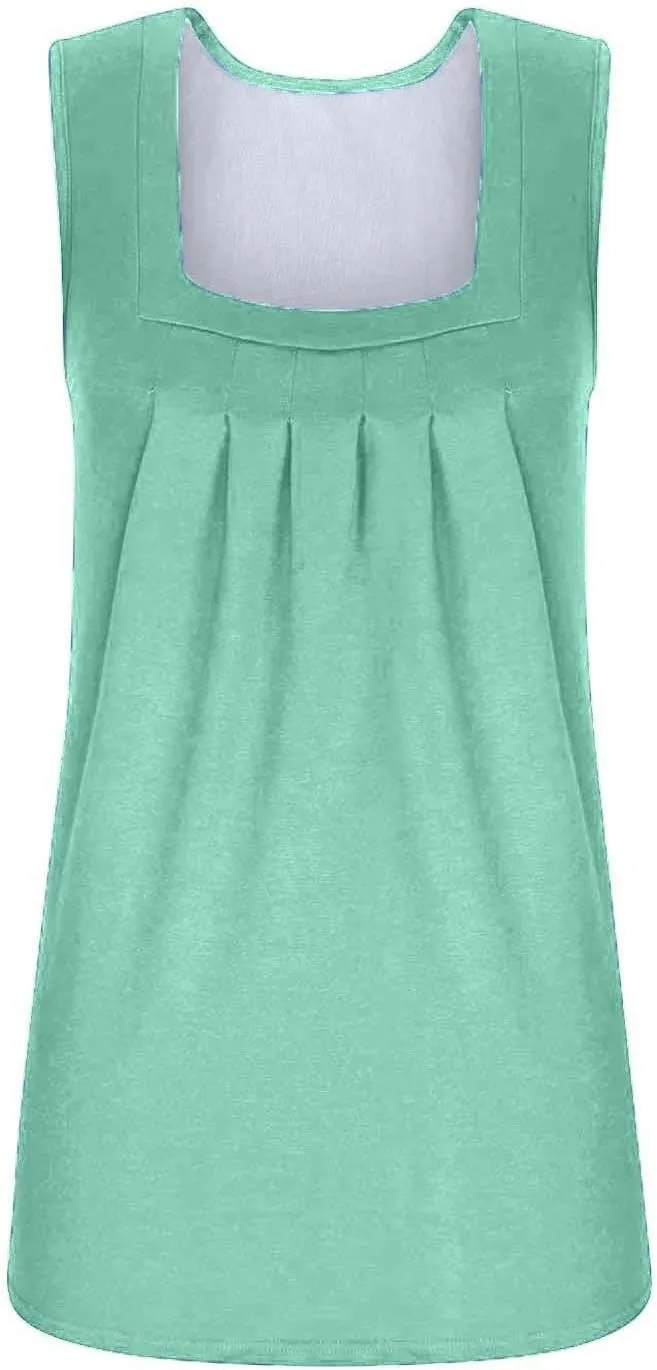 Summer Tank Tops for Women 2025 Pleated Square Neck Sleeveless Blouses Plus Size Loose Fit Casual Flowy Vest Top