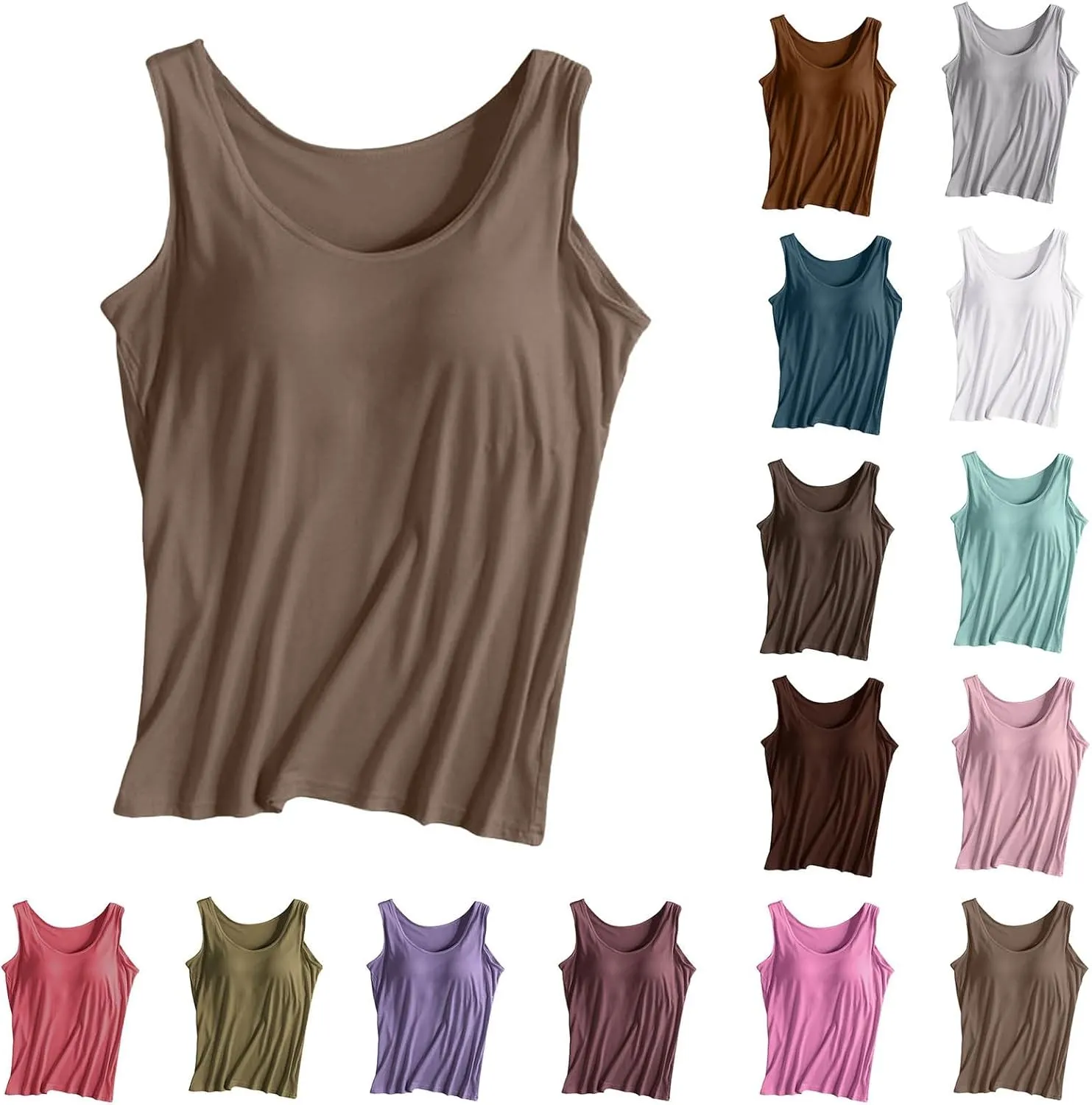 Summer Tank Tops for Women Casual Spaghetti Strap Cami Tank Tops Built in Bra Sports Padded Cotton Undershirts