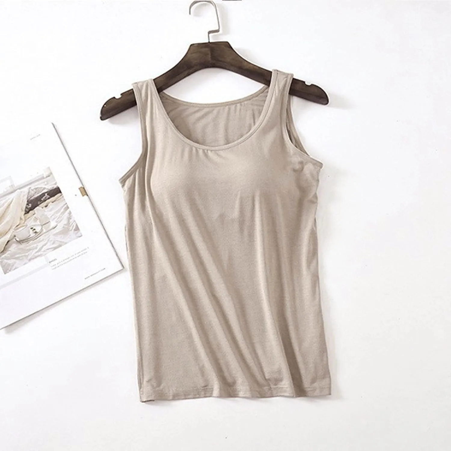 Summer Tank Tops for Women Casual Spaghetti Strap Cami Tank Tops Built in Bra Sports Padded Cotton Undershirts
