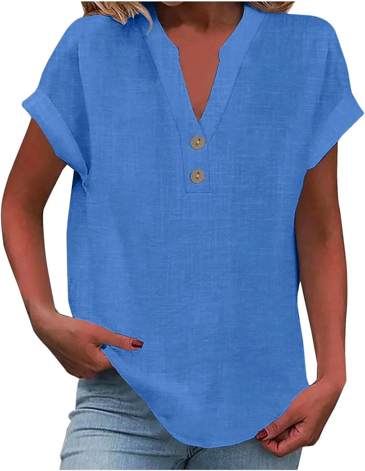Summer Tops for Women 2025 Trendy Short Sleeve Cotton Linen Tops Button up Henley V Neck Shirts Vacation Beach Clothes
