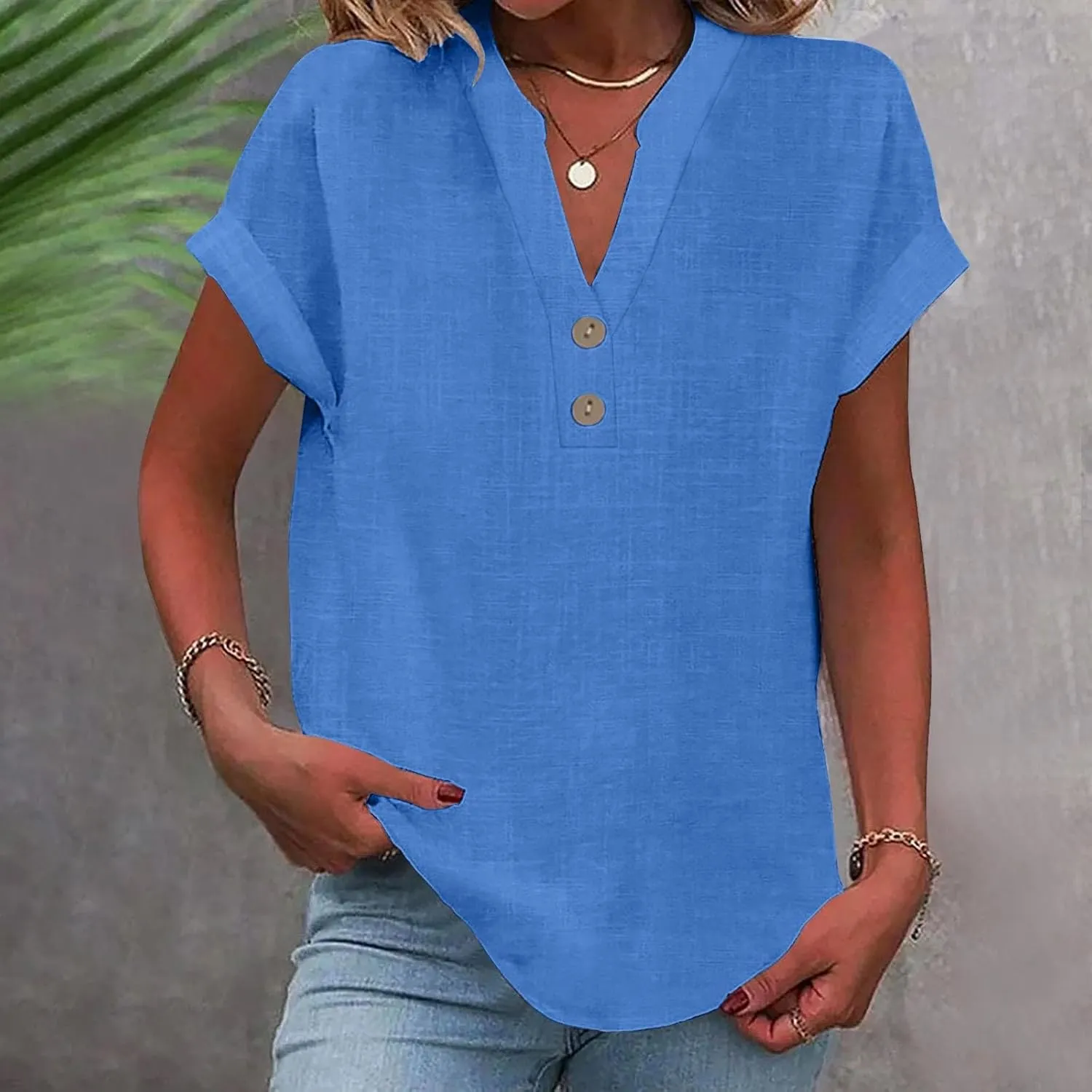 Summer Tops for Women 2025 Trendy Short Sleeve Cotton Linen Tops Button up Henley V Neck Shirts Vacation Beach Clothes