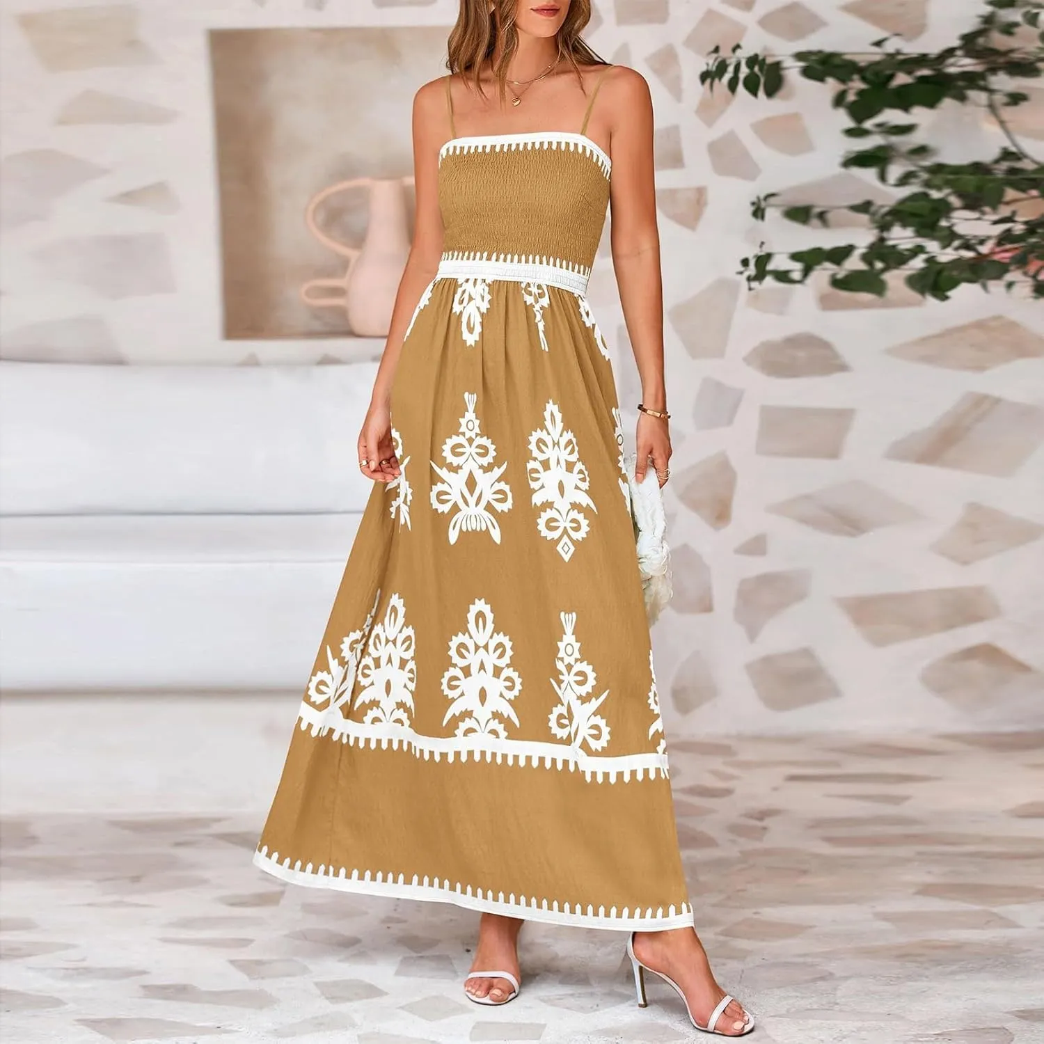 Sundresses for Women 2025 Summer Floral Sundress Spaghetti Strap Flowy Beach Vacation Boho Maxi Dresses with Pocket