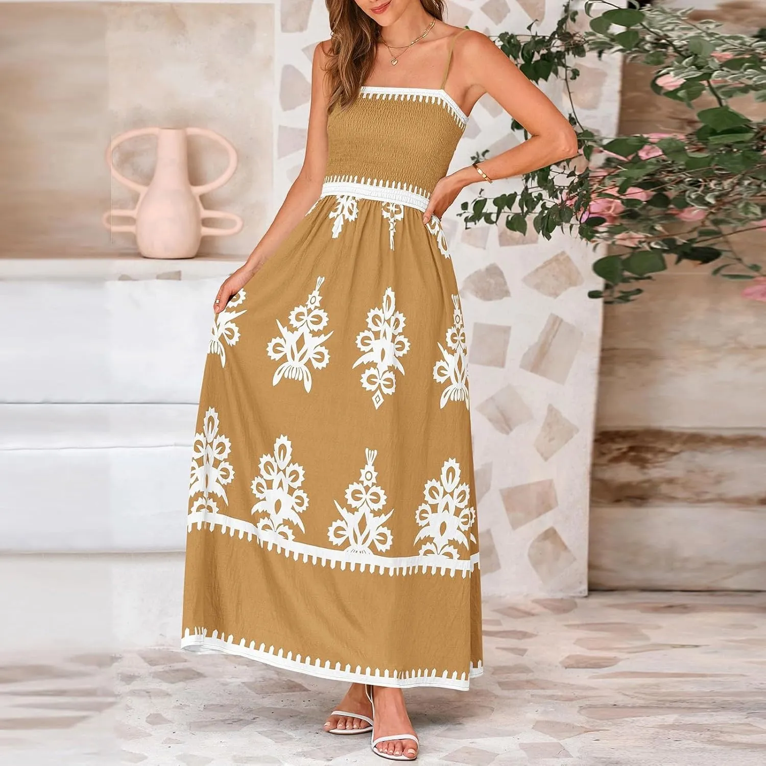 Sundresses for Women 2025 Summer Floral Sundress Spaghetti Strap Flowy Beach Vacation Boho Maxi Dresses with Pocket