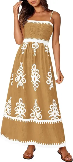 Sundresses for Women 2025 Summer Floral Sundress Spaghetti Strap Flowy Beach Vacation Boho Maxi Dresses with Pocket
