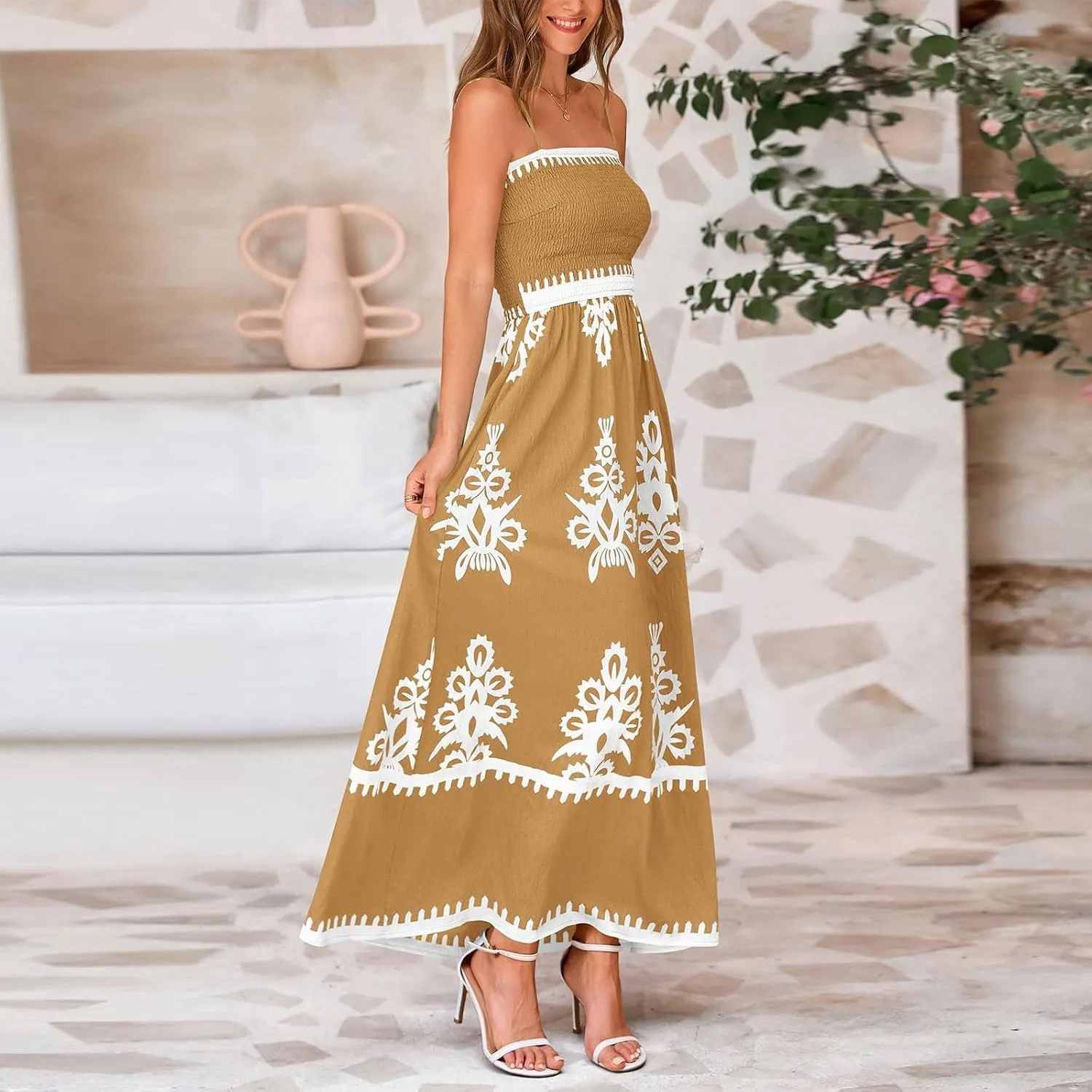 Sundresses for Women 2025 Summer Floral Sundress Spaghetti Strap Flowy Beach Vacation Boho Maxi Dresses with Pocket