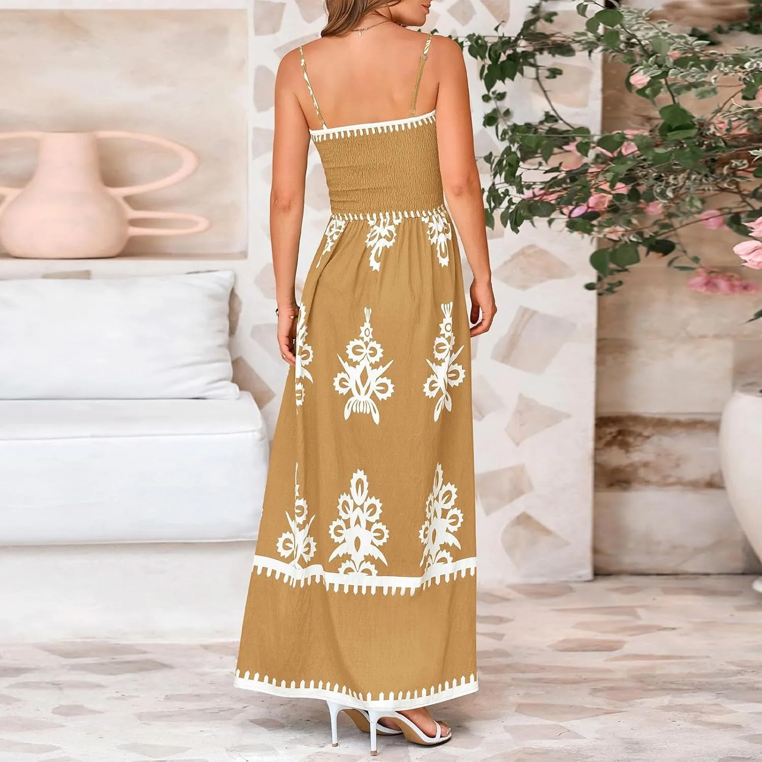Sundresses for Women 2025 Summer Floral Sundress Spaghetti Strap Flowy Beach Vacation Boho Maxi Dresses with Pocket