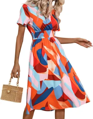 Superband Womens Summer Short Sleeve Casual Dresses V Neck Floral Vacation Sundress Faux Wrap Midi Dress