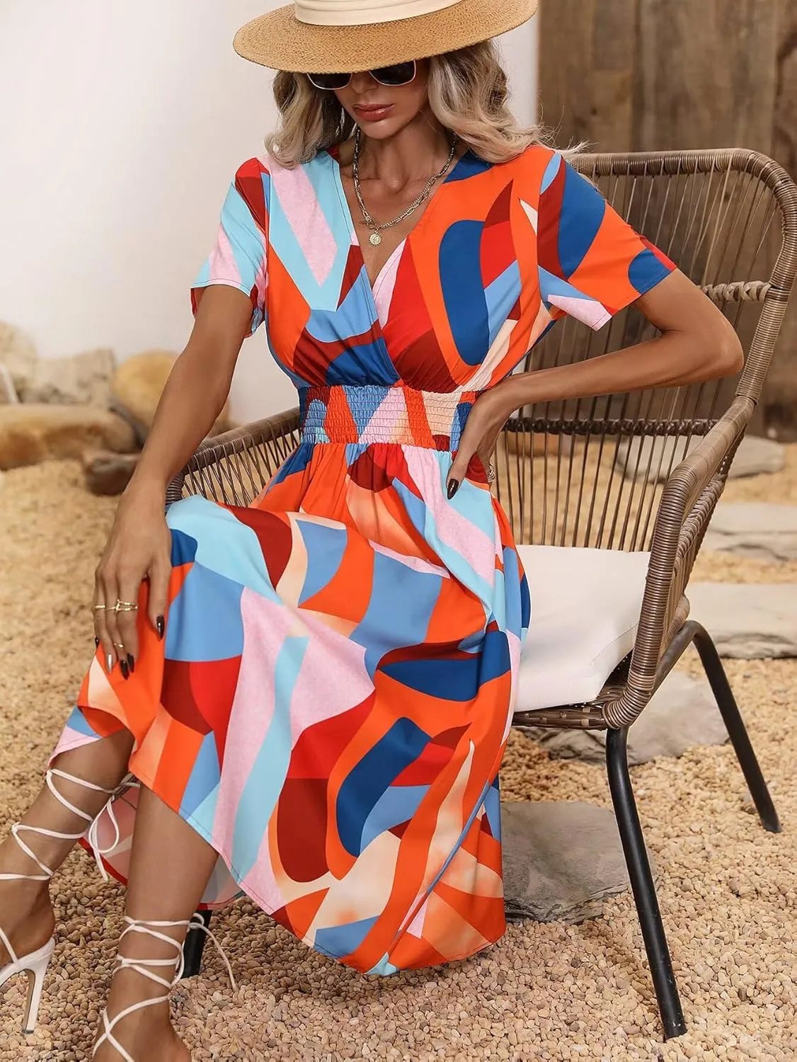 Superband Womens Summer Short Sleeve Casual Dresses V Neck Floral Vacation Sundress Faux Wrap Midi Dress