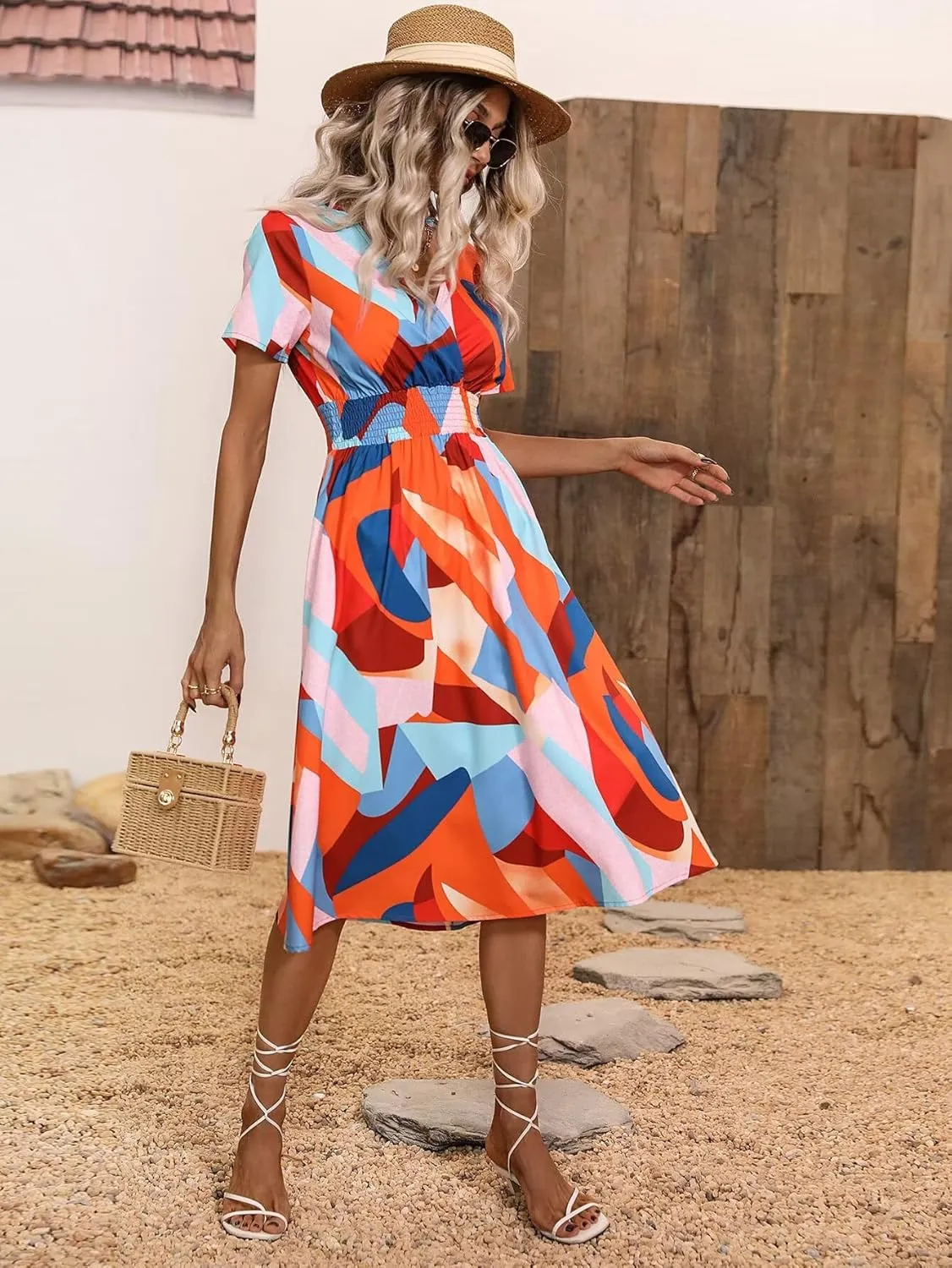 Superband Womens Summer Short Sleeve Casual Dresses V Neck Floral Vacation Sundress Faux Wrap Midi Dress
