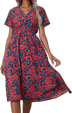 Superband Womens Summer Short Sleeve Casual Dresses V Neck Floral Vacation Sundress Faux Wrap Midi Dress