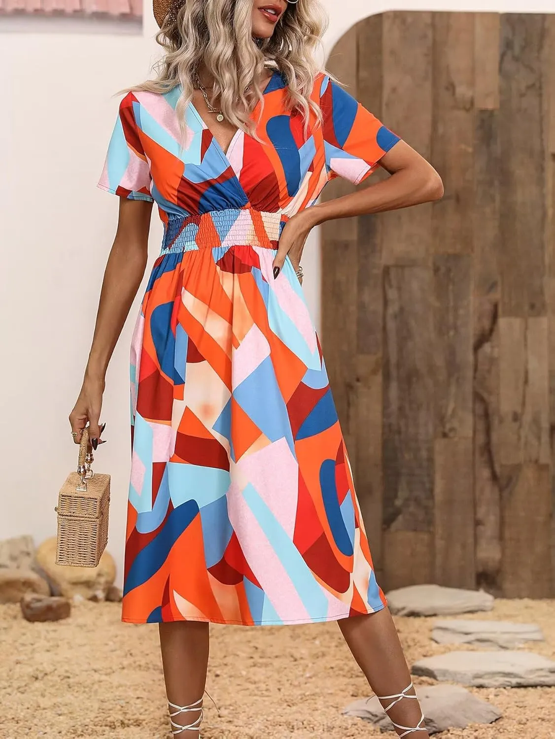 Superband Womens Summer Short Sleeve Casual Dresses V Neck Floral Vacation Sundress Faux Wrap Midi Dress