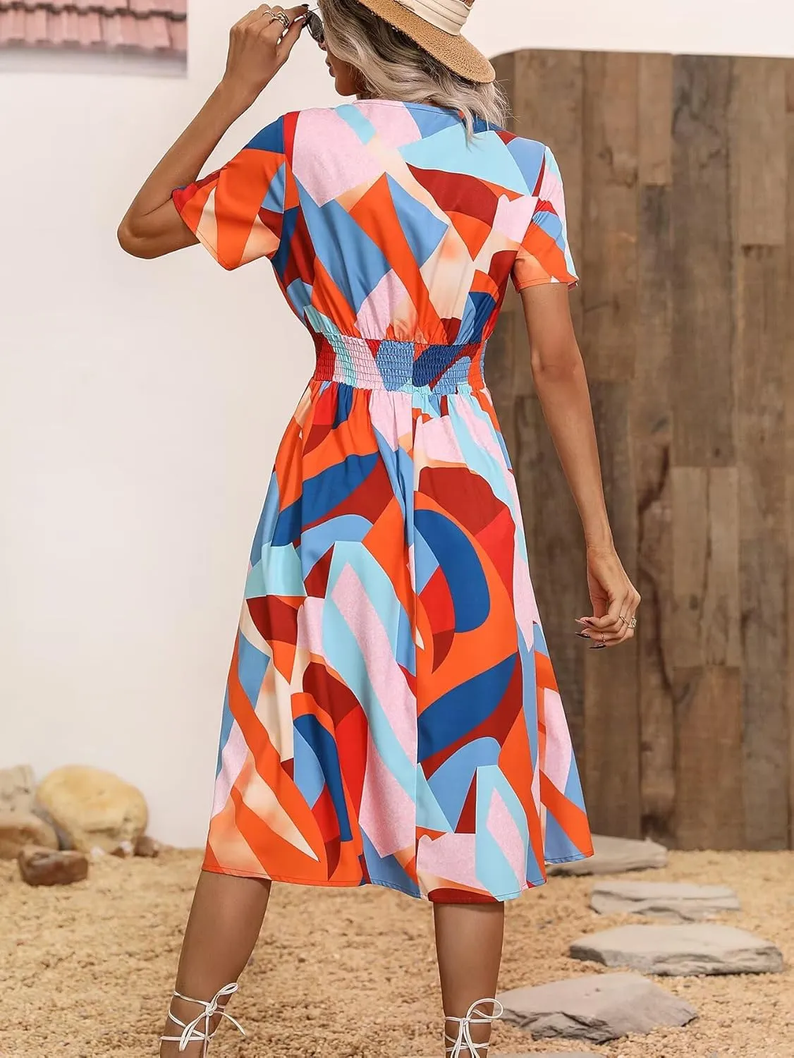 Superband Womens Summer Short Sleeve Casual Dresses V Neck Floral Vacation Sundress Faux Wrap Midi Dress