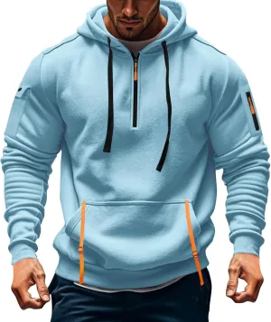 Sweatshirt Mens 1/4 Zip Vintage Basic Military Drawstring Mens Sweatshirt Lightweight Comfort Hoodie with Pockets