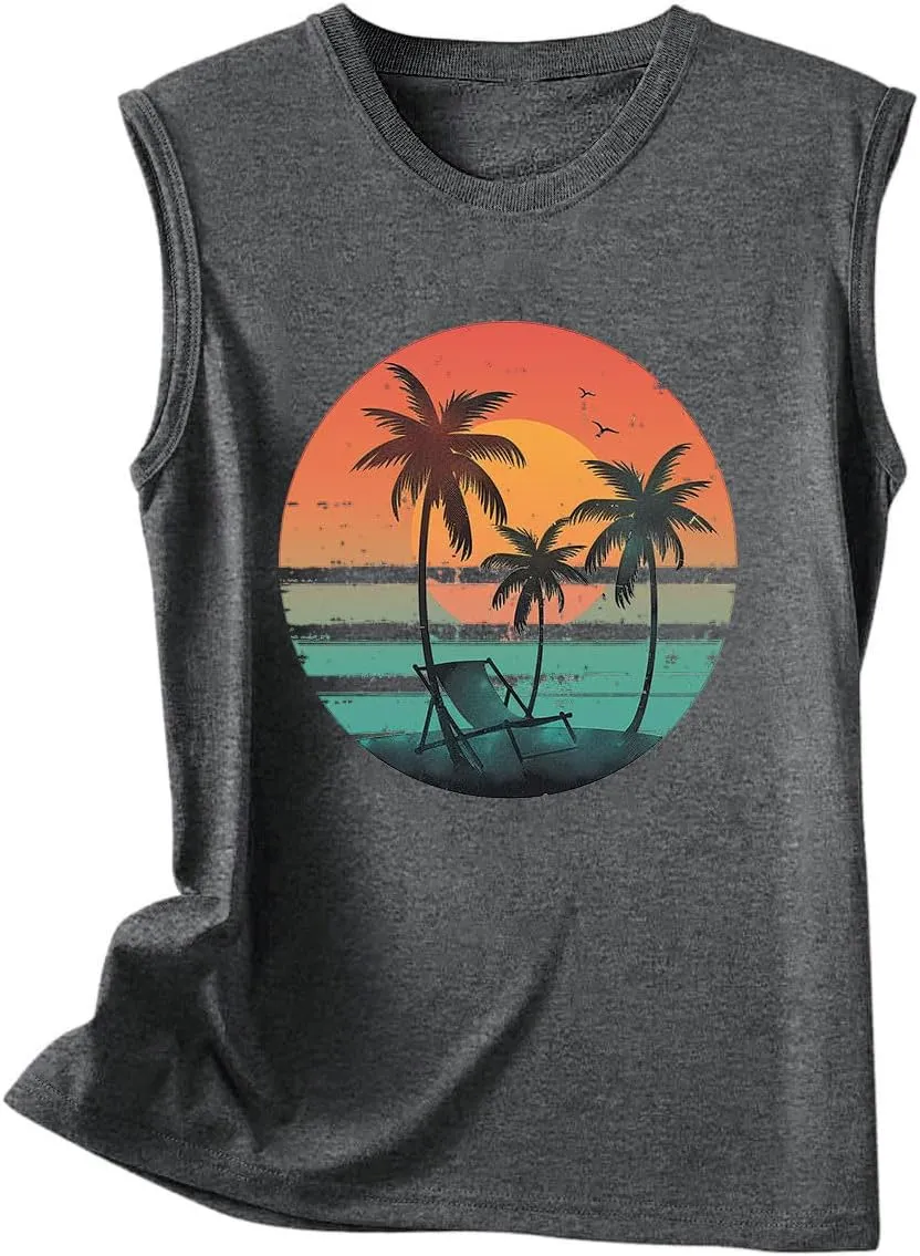 Tank Tops Women Hawaiian Sunset Beach Coconut Tree Graphic Tank Tops Summer Casual Tanks Vest Vintage Tank Cami Top
