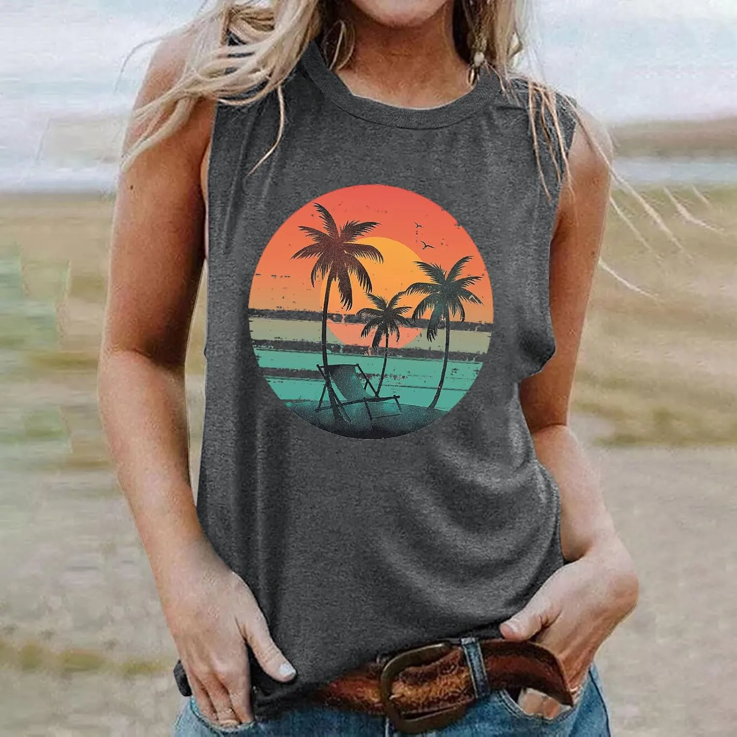 Tank Tops Women Hawaiian Sunset Beach Coconut Tree Graphic Tank Tops Summer Casual Tanks Vest Vintage Tank Cami Top