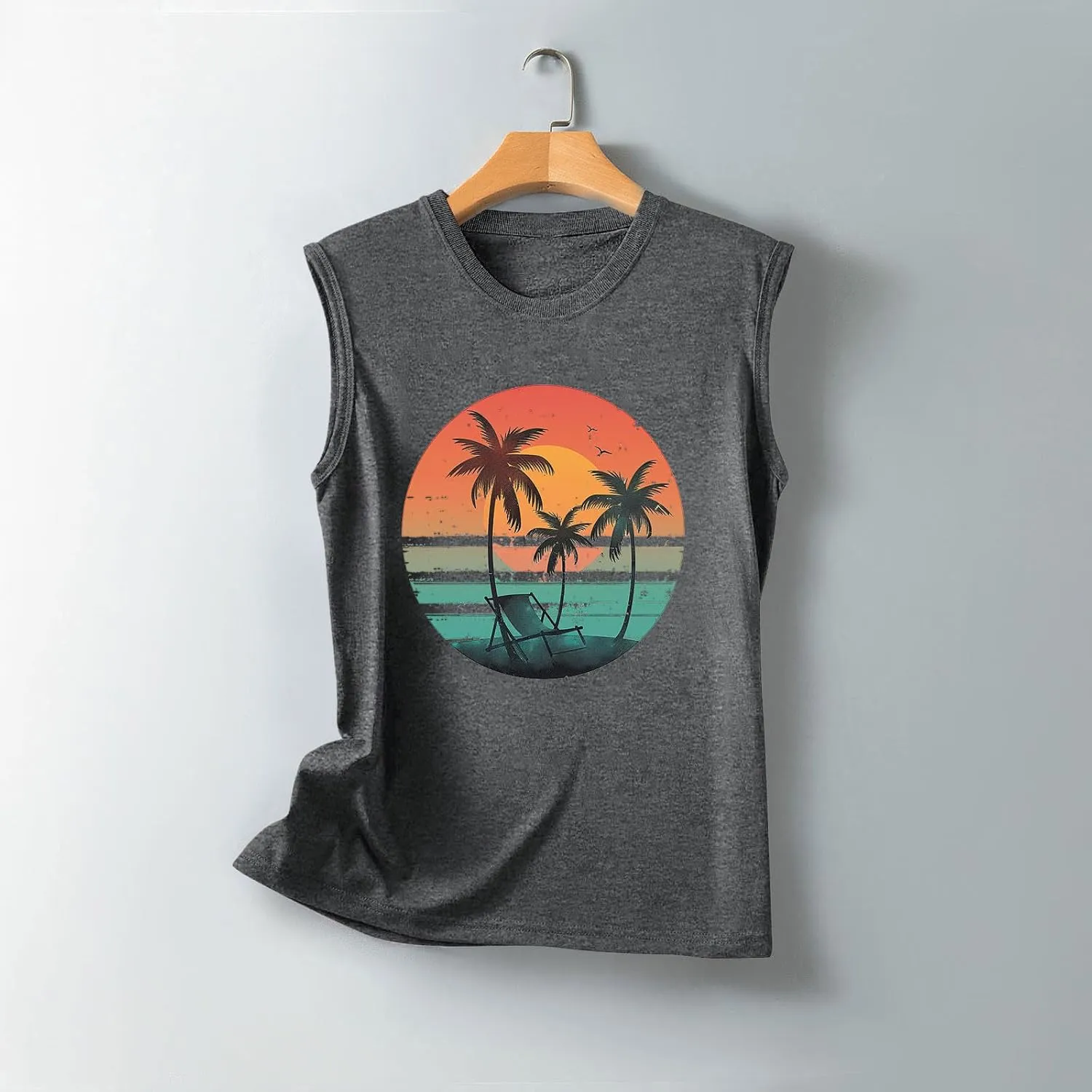 Tank Tops Women Hawaiian Sunset Beach Coconut Tree Graphic Tank Tops Summer Casual Tanks Vest Vintage Tank Cami Top