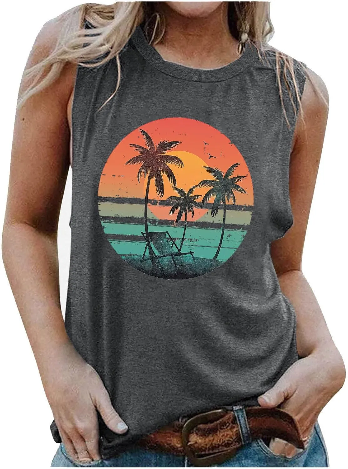 Tank Tops Women Hawaiian Sunset Beach Coconut Tree Graphic Tank Tops Summer Casual Tanks Vest Vintage Tank Cami Top