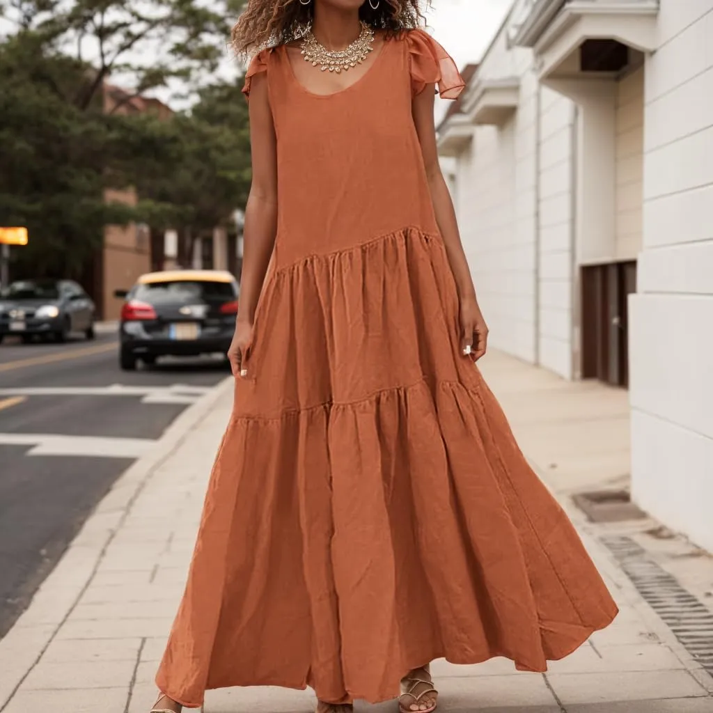 TIAFORD Womens Casual Crewneck Cotton Linen Maxi Dress Tiered Linen Tank Sundress Sleeveless Summer Flowy Beach Dress