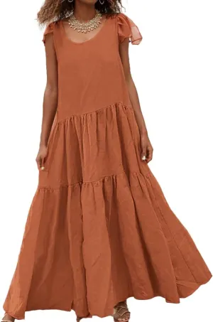 TIAFORD Womens Casual Crewneck Cotton Linen Maxi Dress Tiered Linen Tank Sundress Sleeveless Summer Flowy Beach Dress