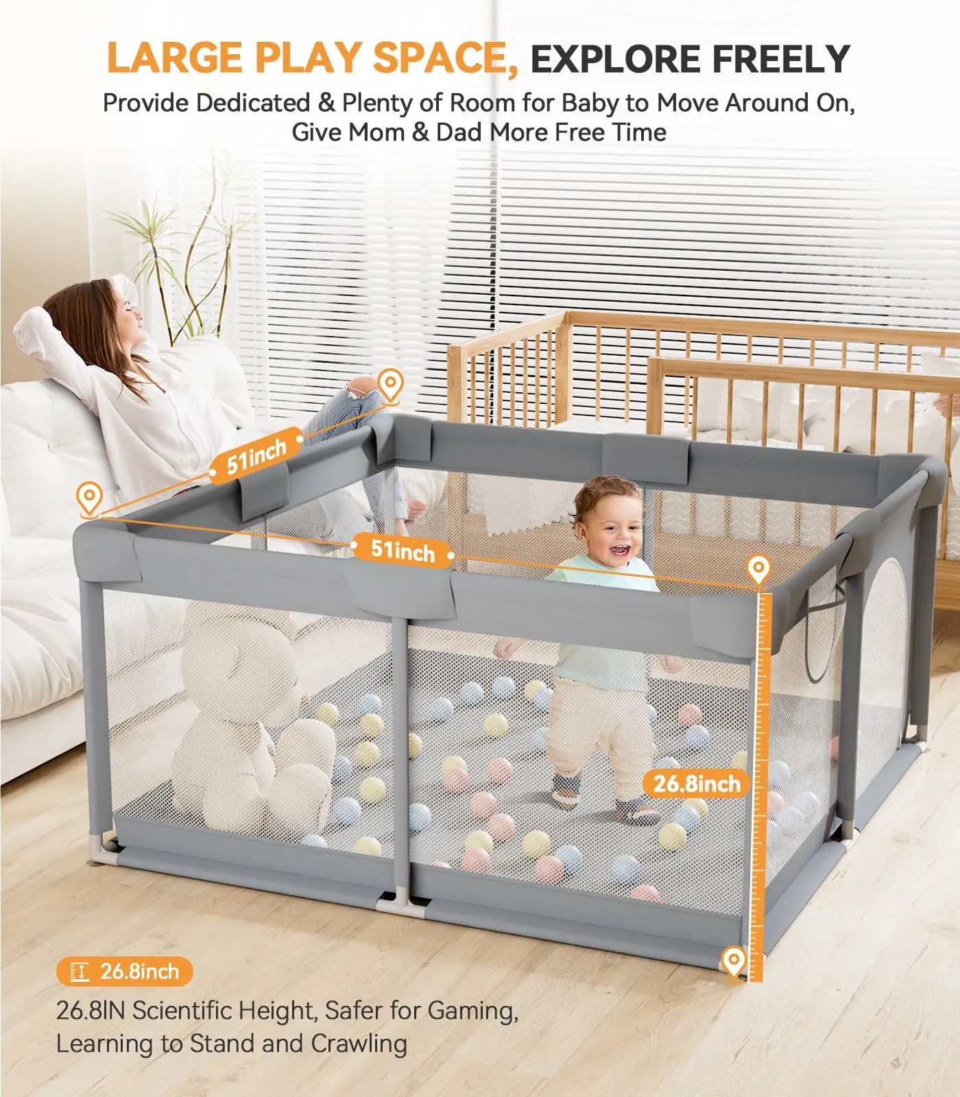 TOHIFER Baby Playpen: Large Baby Playard for Toddler, BPA-Free, Non-Toxic, Safe No Gaps Play Yard for Babies, Indoor & Outdoor Kids Activity Center Baby Fence 51"x51"x26.8"