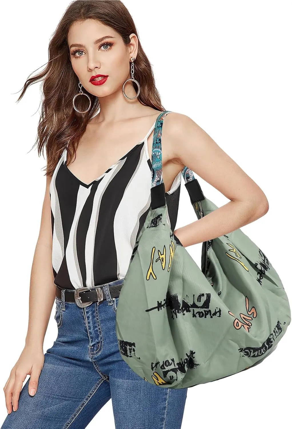 Tote Bag for Women, Nylon Tote Bag With Zipper, Large Capacity Foldable Shoulder Bag for Trval Work Gym Shopping