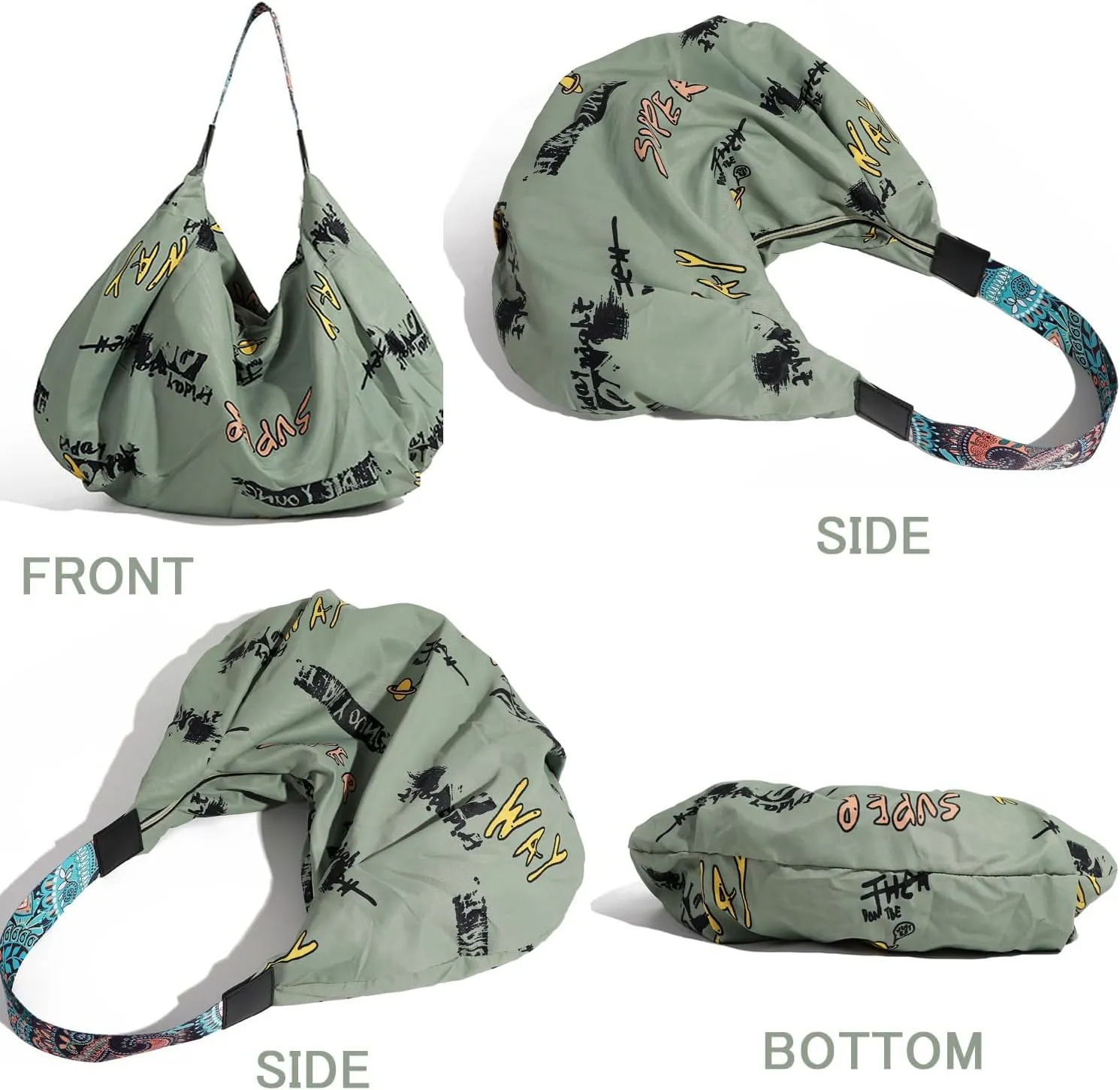 Tote Bag for Women, Nylon Tote Bag With Zipper, Large Capacity Foldable Shoulder Bag for Trval Work Gym Shopping