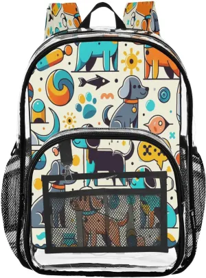 Tropical Flamingos Plam Trees Clear Backpack with Back Print, Heavy Duty See Through Backpacks PVC Transparent Daypack for Travel Security